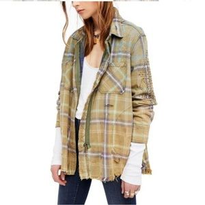 Free People Deconstructed Acid Wash Heavy Flannel Zip Shirt Jacket L